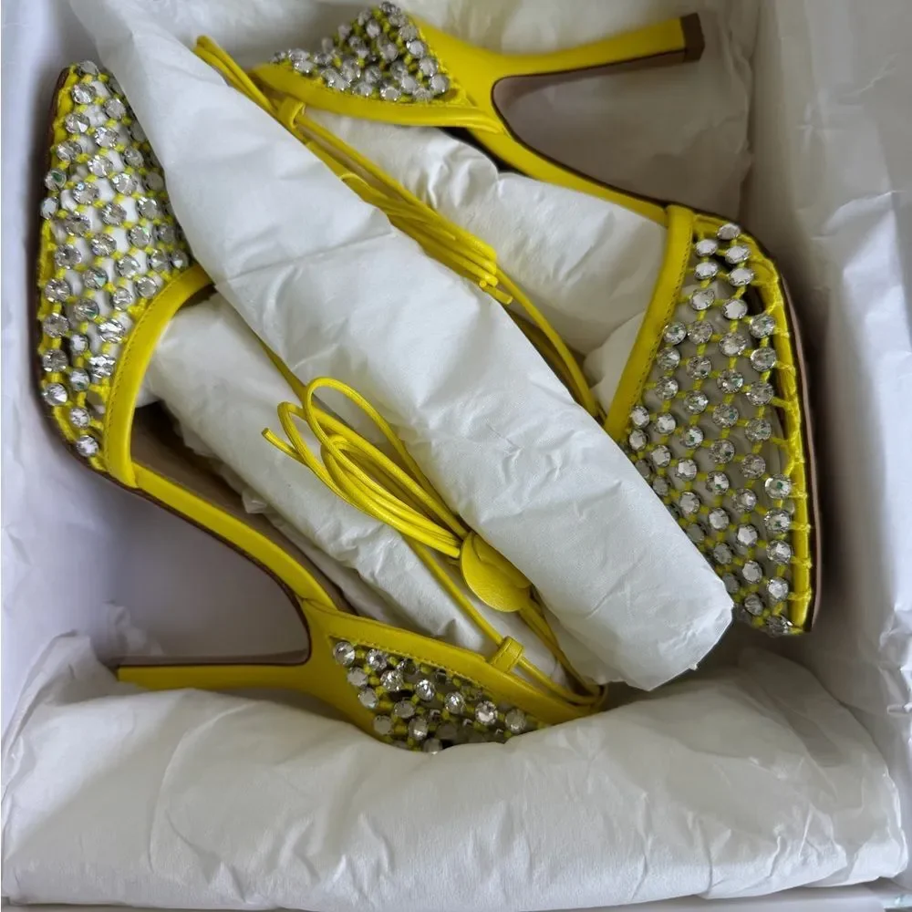 NIB BOTTEGA VENETA yellow sparkle sandal heels lace up size 38.5